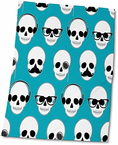 3drose Janna Salak Designs Hipster - Hipster Skulls Padrão azul e branco - toalhas