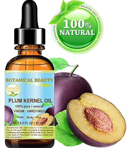 Botânica Beleza Francesa Plum Kernel Seed Transporty Oil. puro/natural/não diluído/virgem/frio pressionado para cuidados com a pele, cabelos, lábios e unhas. Superalimento para a pele. 0,5 fl. Oz -15 ml