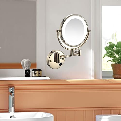 Espelho de maquiagem srvnt com luz de barbear de latão dourada, espelho de ampliação montada na parede