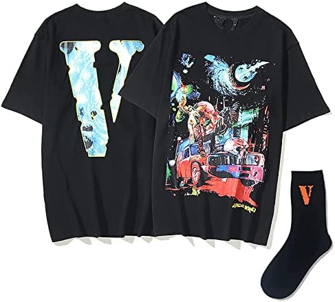 Hvizean Casual Hip Hop Big V Letter Angels Camisa masculina Camiseta de algodão de pescoço masculina com meias pretas