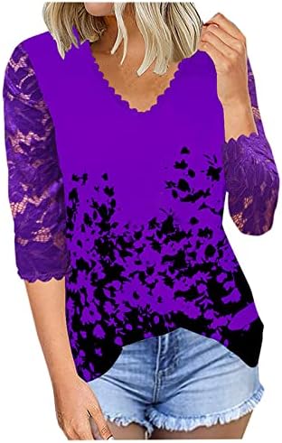 Manga comprida 3/4 roupas de manga Treneling Lace v pescoço gráfico Capri Blouse Tshirt Para mulheres Top Summer Fall Mulheres 6y