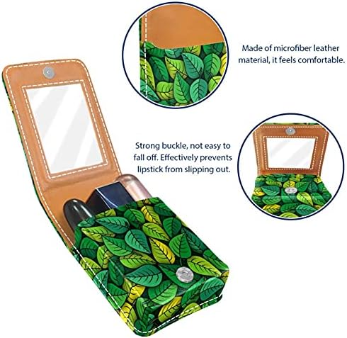 Caixa de batom de maquiagem para folhas verdes externas Padrão de batom portátil com espelho Mini Makeup Saco leva até 3 batom