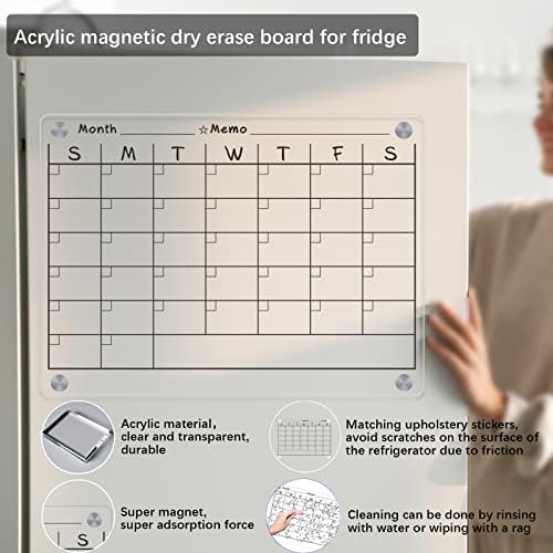 Placa de aprilhamento magnético de Glivi acrílico para geladeira, calendário acrílico de 16 ”x12 para geladeira 2 conjunto, inclui 6 marcadores de cores e suporte de caneta magnética.