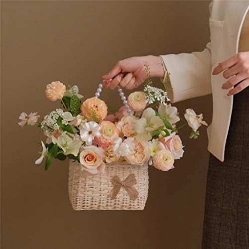 GGEBF Rattan portátil Pequeno cesto Plantas de arranjo de flores Fruit Shopping Basket Picnic Wedding With Pearls Handle