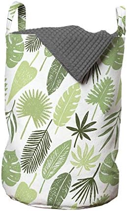 Bolsa de lavanderia de Ambesonne Philodendron, padrão de folhas desenhadas à mão monocromática, cesta de cesto com alças fechamento de cordão para lavanderia, 13 x 19, reseda verde verde verde