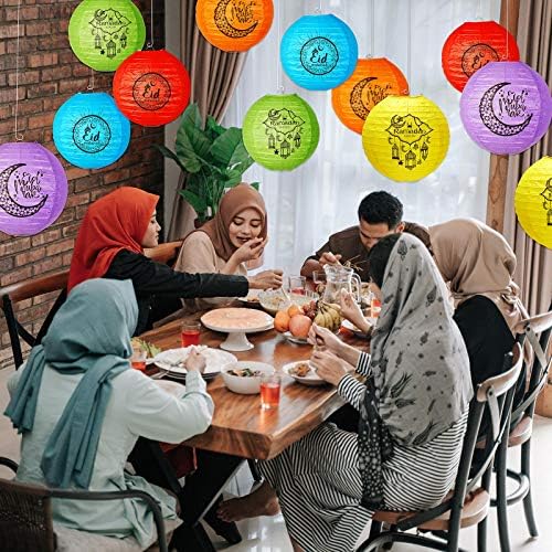 Eid Mubarak, 8 polegadas, decorações de lanternas de papel, lanterna de papel redonda colorida com nervuras de arame, lampes de papel de 8 polegadas decorações penduradas para o Ramadã Mubarak Eid Decor, 6 cores