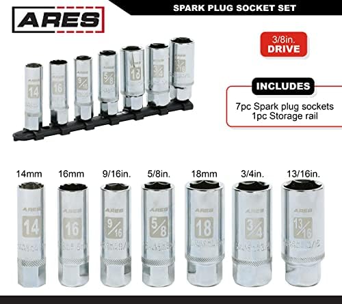 ARES 11070-7 Peça não magnética Conjunto de soquete de vela de ignição-inclui soquetes de parede finos de 14 mm e 16 mm e soquetes de 18 mm, 9/16 de polegadas, 5/8 polegadas, 3/4 polegadas e 13/16 polegadas- Rail de armazenamento conveniente incluído