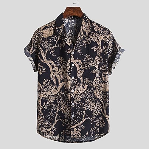 Camisa havaiana de manga curta masculina de Wybaxz impressão tropical de bolso casual colarinho de colarinho listrado de colarinho