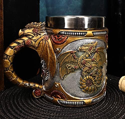 EBROS GOSTA FANTASY GOLDEN steampunk cyborg robótico dragão robótico em viagem para a lua cerveja stein tankard copo de copo de copo e dragões vitoriano sci fi caneca