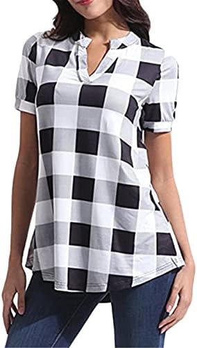 Andongnywell Plaid Tops for Women Casual Camiseta Blusa Impressa Manga Curta Henley Vi-deco