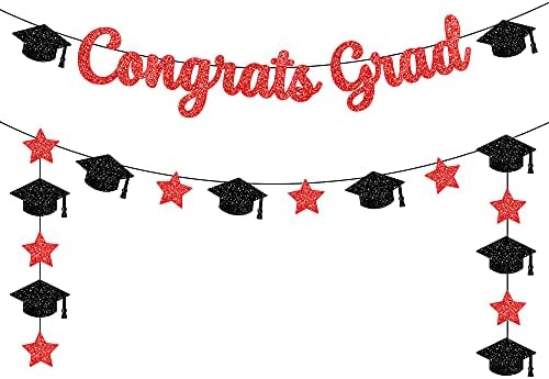 Red Glitter Parabéns Banner de graduação - 10 pés com números pretos de 2023 balões - 40 polegadas e confete de graduação 2023-1,8
