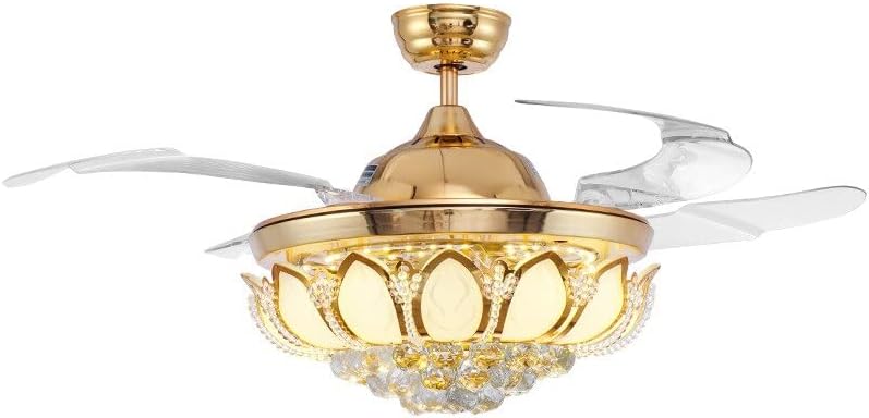 Sala de jantar de ventilador de teto dobrável de luxo lâmpada de cristal de ouro com ventilador com controle remoto