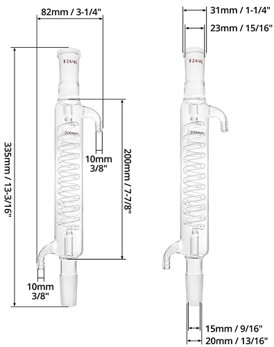 QUWORK JACETS Condensador de vidro de 200 mm com junta 24/40 para laboratório