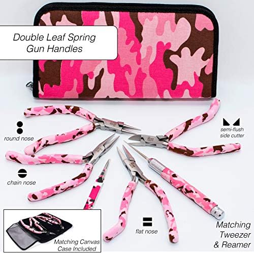 Conforto de camuflagem rosa Manuja de pistola com contorno Kit de ferramentas de 6 peças, fabricação e reparos de jóias: ideal para brincos, pulseiras, colares. As ferramentas necessárias para criar e fazer jóias confortavelmente