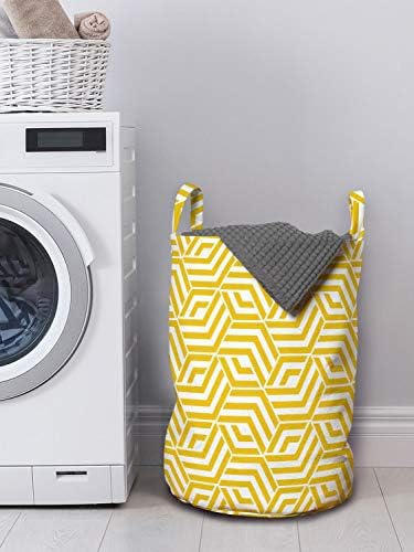 Bolsa de roupa de lavagem de Ambesonne, formas de hexagon com linhas de chevron amarelas composição de ladrilhos gráficos simples, cesta de cesto com alças fechamento de cordão para lavanderias, 13 x 19, amarelo e branco