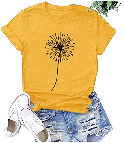 Womens Summer Tops Casual Loose Crewneck de Manga curta Tshirt Sunflower Bee and Mountain Print Tees