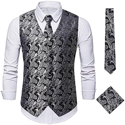 Colete de terno de Paisley de casamento masculino, gravata sem mangueira de colete e punhos quadrados de bolso grandes e altos