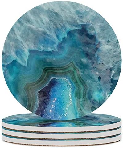 Blue Watercolor Agate Geode Print Coaster absorvente para bebidas cerâmica com Cork Back Fit Big Cup, 4 conjuntos