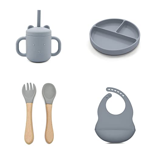 Conjunto de silicone de grau de alimentação para bebês gratuito BPA inclui prato de sucção, garfo, colher, babador e copo com