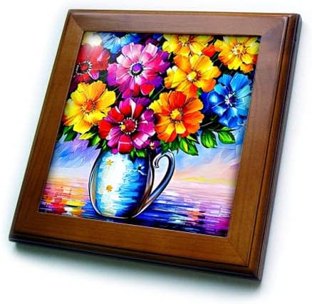 3drose amarelo, roxo e flores azuis em uma jarra de vidro em uma mesa colorida. - ladrilhos emoldurados