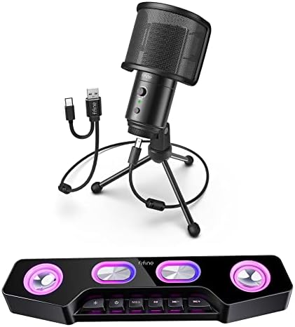 FIFINE USB-C Microfone e alto-falante Bluetooth, microfone PC com filtro pop, fone de ouvido para jogos de streaming de gravação do YouTube, alto-falante RGB sem fio Bluetooth para telefones de mesa para PC