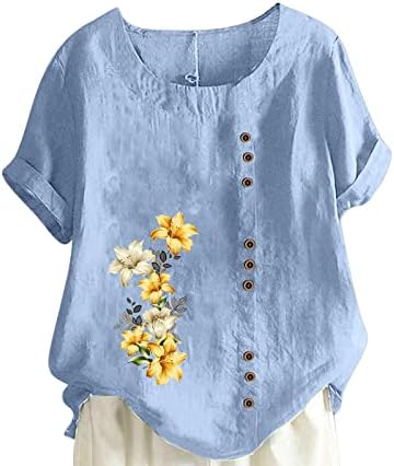 Camisetas para mulheres de verão de linho de algodão casual tops de túnica plus size floral camisetas fofas de ajuste solto