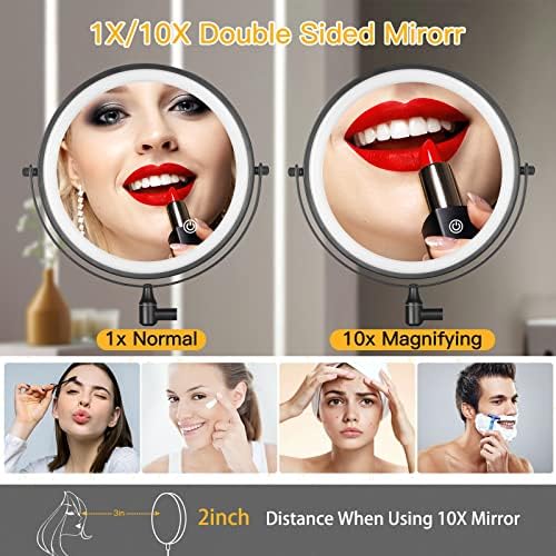 Sanawell Makeup MMirror com luzes e ampliação, espelho de 1x/10x de dupla face de 8 polegadas com 3 luzes coloridas, Controle de toque 360 ​​° Espelho de vaidade para banheira em casa