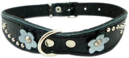Dogs My Love Black Genuine Leather Designer Dog Collar 14.5 X1 Com Studs, Daisy e Rhinestone