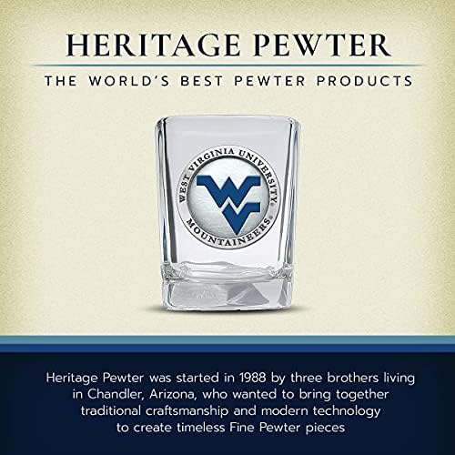 Heritage Pewter University of West Virginia Square Shot Glass | Glass de tiro de 1,5 onça esculpidas à mão | Metal de metal intricadamente criado embutido Alma Mater