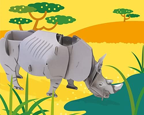Construa seu próprio rinoceronte branco em movimento | Puxe a ação do movimento da cabeça da guia | Kit de 20 peças | Presente de brinquedo divertido para crianças, meninas e meninos e famílias com mais de 8 anos | Kit de papelão amigável e ecológico juntos