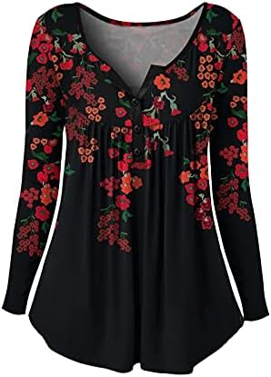 Balakie feminina túnica floral de manga comprida Henley V Botões de pescoço na camisa da blusa casual