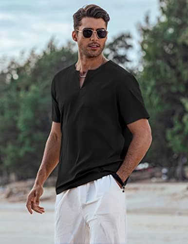 Coofandy Men's Cotton Linen Henley Camisa de manga curta Casual tamis de praia v pescoço de verão ioga leve
