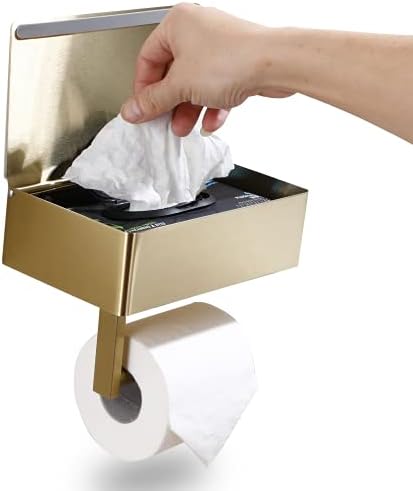 Day Moon projeta o suporte de papel higiênico com prateleira - dispensador de lenços de descarga e armazenamento se encaixa em qualquer banheiro, mantenha seus lenços úmidos escondidos - montagem em aço inoxidável Organizador de banheiro - ouro, grande