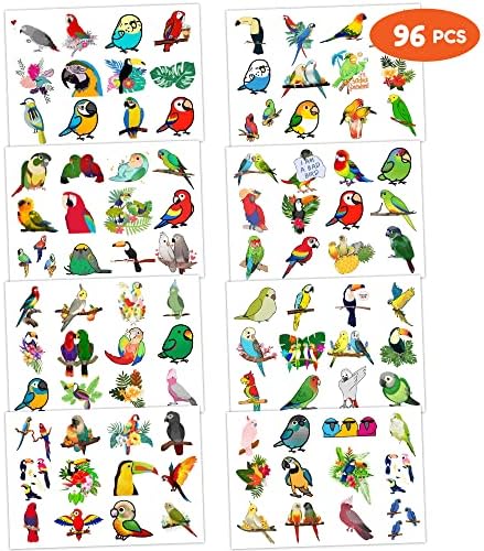 8 folhas Parrot Bird Bird Tattoo Stickers Tropical Tropical Birthday Party Decorations Supplies Favors For Kids meninos Presentes de aula de sala de aula Prêmios de escola recompensas