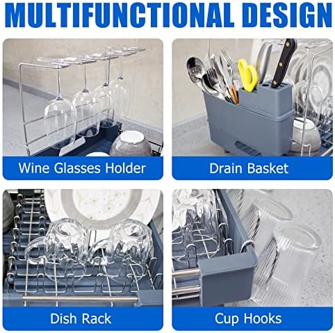 Rack de secagem de pratos do dofim, esgotador expansível de pia com suporte de utensílio de porta -copos, prateleiras de prato com