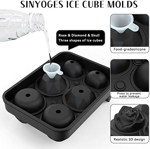 Bandejas de cubo de gelo Sinyoges, molde de cubo de gelo de silicone com tampa 2 molde de gelo de rosa, 2 bandejas de cubo de gelo de crânio 3d e 2 moldes de cubos de gelo em forma de diamante para coquetéis de uísque e moldes de cubo de gelo de café