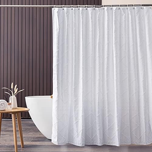 Cortina de chuveiro branca de WRACRA BOHO, moderna Farmhouse Tufted Geometry Fabric Curtain Curtain para decoração do banheiro, impermeável, 72 x 84 polegadas, branco