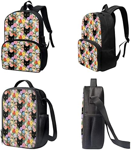 Suobstales Cat Flower Print Backpack Conjunto para garotas meninos Books Casual School Bookbag com lancheira e caixa