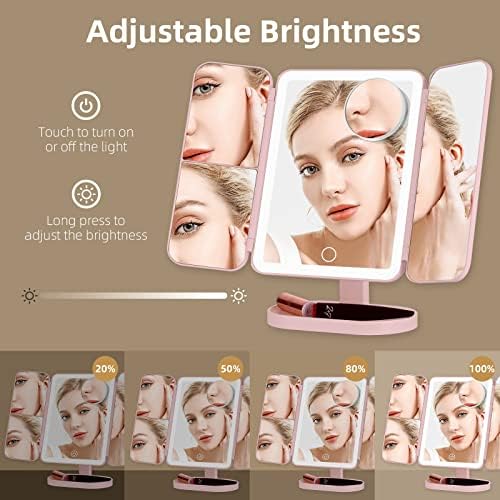 Espelho de maquiagem espelho de vaidade com luzes, 70 LEDs espelho de maquiagem iluminado, espelho de trifold de ampliação 2x 3x 10x, espelho de maquiagem portátil de LED, controle de toque, presente para mulheres