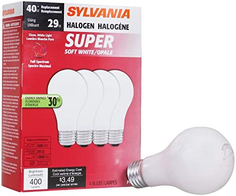 Sylvania Iluminação em casa 52190 Bulbo de halogênio de tungstênio, A19-40W-2700K, acabamento branco macio, base média, pacote de 4