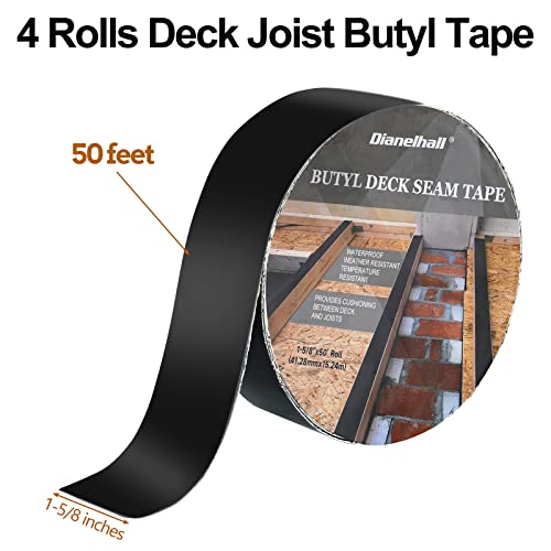 4 rolos fita adelga para decks 1-5/8 polegadas x 50 pés Deck fita fita adesiva fita de proteção contra butil para vigas e vigas, fita adesiva do deck impermeável conservante, preto