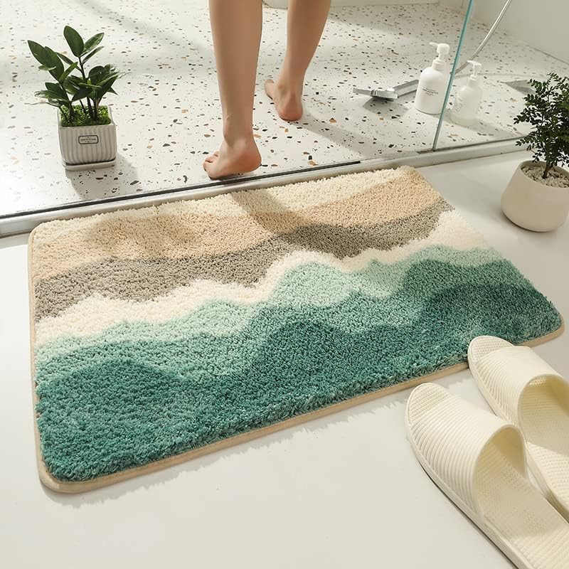 Tapete de banho de onda verde azul, tapetes de banheiro macio de estilo japonês, tapete de banheiro sem deslizamento absorvente de água, tapete de piso lavável na máquina para casa de banho
