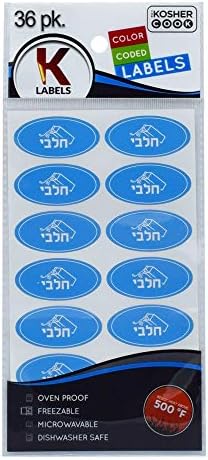 36 Etiquetas Kosher Blue Blue - Prova de forno até 500 °, congelável, microondas, lava -louças seguro, hebraico - adesivos de cozinha com codificação de cores pelo cozinheiro kosher