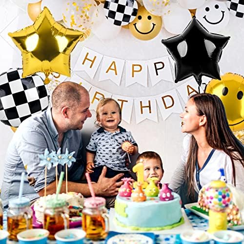 Dripykiaa 5pcs Um cara de balão feliz conjunto de 40 ”preto Bouquet de balão de um ano para o primeiro aniversário Smile Face Foil Balloons