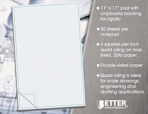 Better Office Products Graph Paper Pad, 17 x 11, 50 folhas, borda da linha azul, papel de planta, lados dupla, branco, 4x4 Quad regra, folhas de lágrimas fáceis, papel de grade, papel gráfico