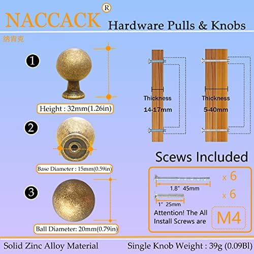 Naccack Vintage Brass Kitchen Drawer Knob, botões de armário de bronze de bronze antigo para cômoda de armário de banheiro, liga de zinco Retro Móveis de latão único hardware, 6 pacote de 6 pacote