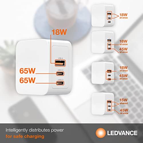 Ledvance 65W Smart Fast Charger com portas USB A / USB C, carregador compacto de 3 dispositivos, laptop / tablet / telefone, maçã, huawei, Samsung compatível, branco - 1 pacote
