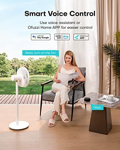 Ofuzzi Breeze 10 Pro+ Smart Pedestal Fan, sensor de temperatura e umidade construído, trabalha com Alexa/Google, ventilador portátil