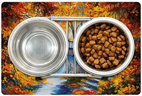 Ambsosonne Art Pet tapete Para comida e água, floresta de outono com uma ponte sobre a estação dramática da estrada, folhas sombreadas estampes, retângulo de borracha sem deslizamento para cães e gatos, cães vermilion azul