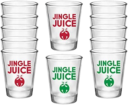 Jingle Juice - 6 copos de tiro de Natal vermelhos e 6 verdes - conjunto de 12 xícaras de tiro de festa com estampas de dupla face - coquetéis de férias para beber licor, tequila, vodka